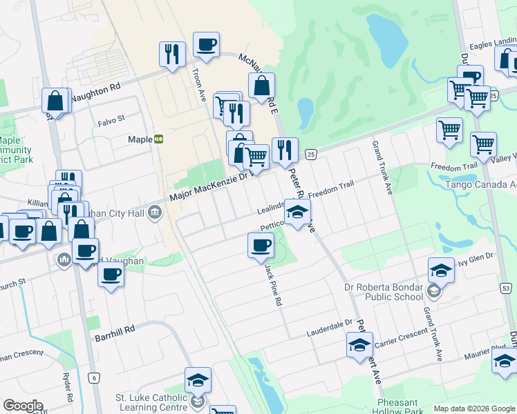 map of restaurants, bars, coffee shops, grocery stores, and more near 66 Lealinds Road in Vaughan
