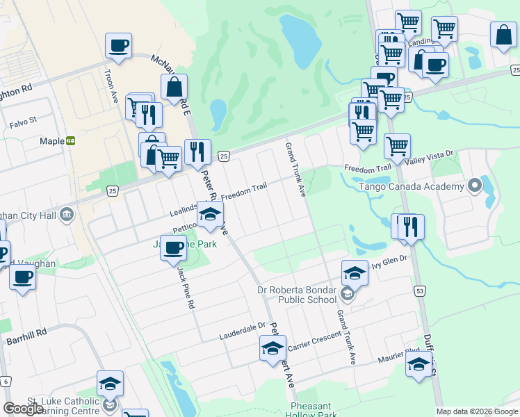 map of restaurants, bars, coffee shops, grocery stores, and more near 31 Cherry Bush Road in Vaughan