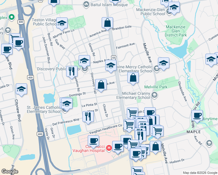map of restaurants, bars, coffee shops, grocery stores, and more near 52 Adventure Crescent in Vaughan