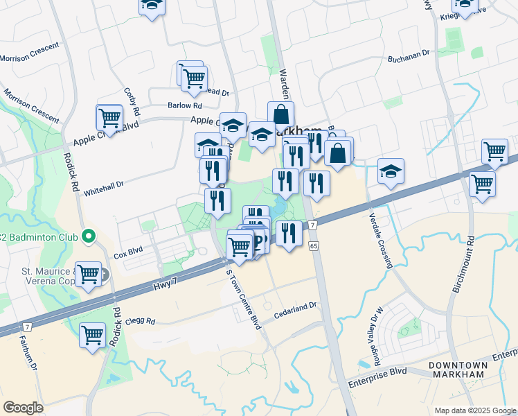 map of restaurants, bars, coffee shops, grocery stores, and more near 101 Town Centre Boulevard in Markham