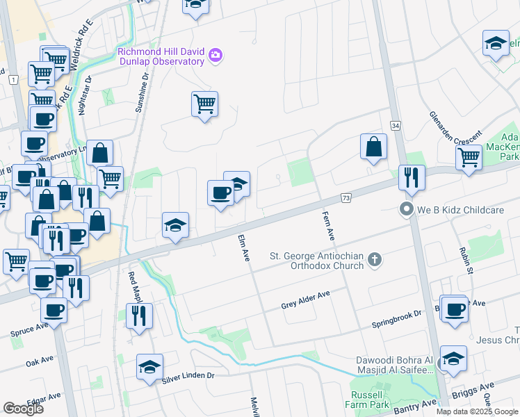 map of restaurants, bars, coffee shops, grocery stores, and more near Gordon Rowe Crescent in Richmond Hill