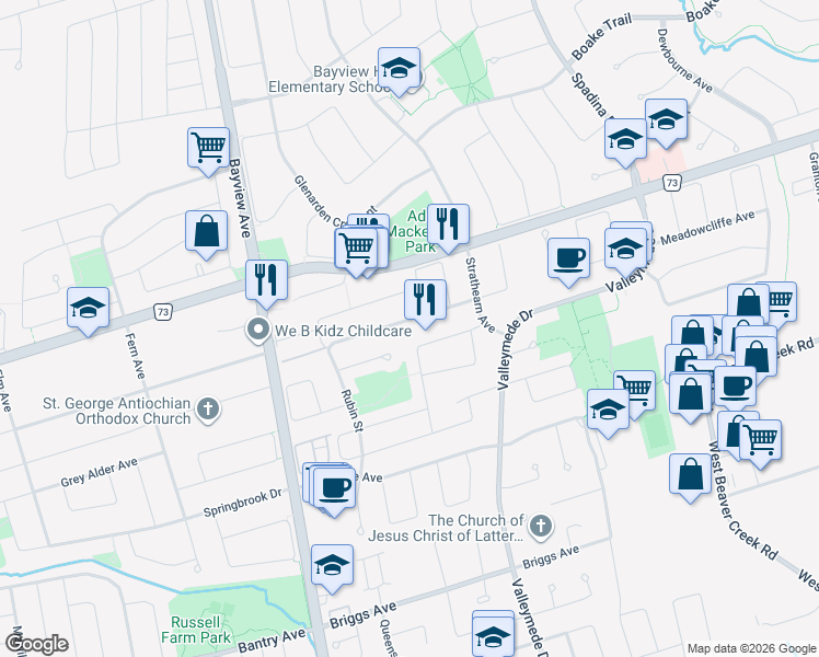 map of restaurants, bars, coffee shops, grocery stores, and more near in Richmond Hill
