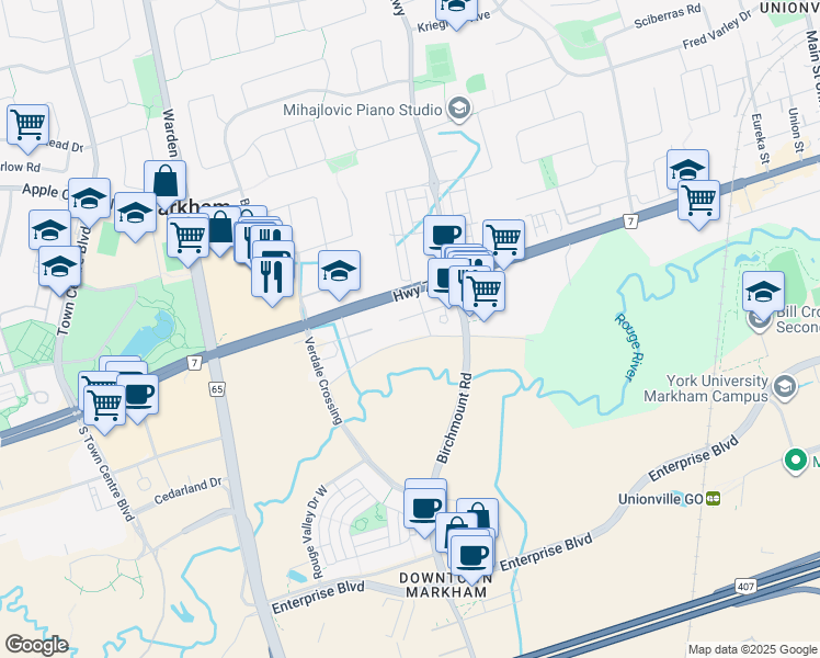map of restaurants, bars, coffee shops, grocery stores, and more near 18 Uptown Drive in Markham