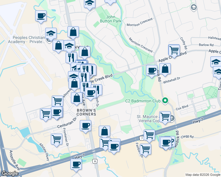 map of restaurants, bars, coffee shops, grocery stores, and more near 100 Spy Court in Markham