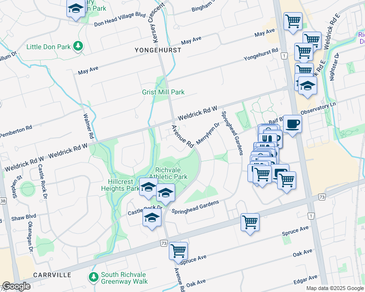 map of restaurants, bars, coffee shops, grocery stores, and more near 6 Leora Court in Richmond Hill