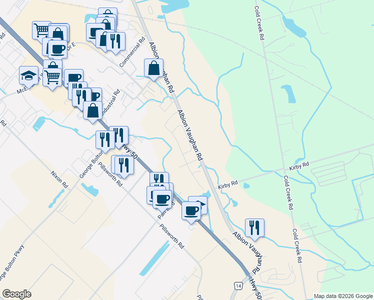 map of restaurants, bars, coffee shops, grocery stores, and more near 57 True Blue Crescent in Bolton