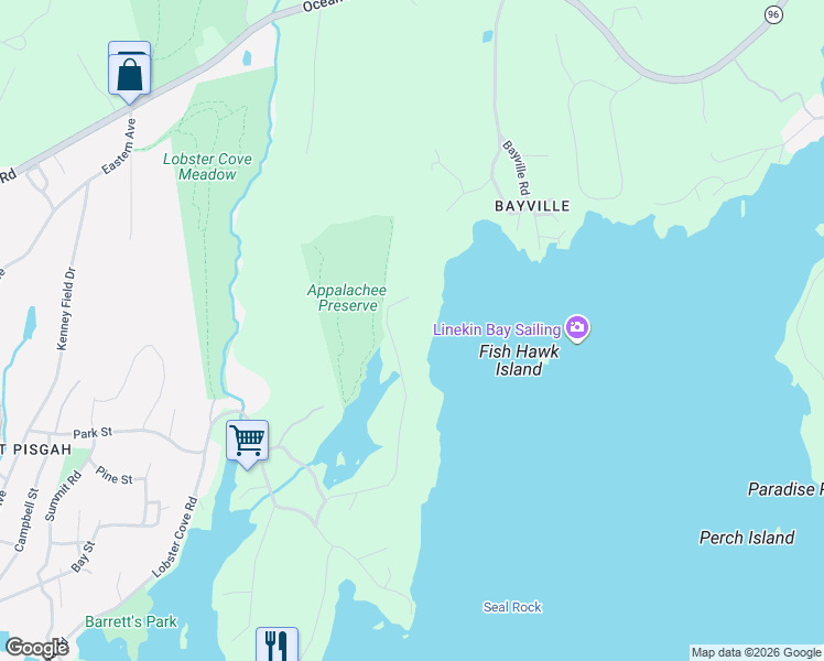 map of restaurants, bars, coffee shops, grocery stores, and more near 135 Appalachie Road in Boothbay Harbor