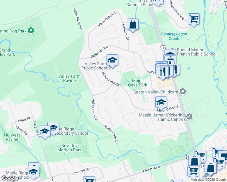 map of restaurants, bars, coffee shops, grocery stores, and more near in Pickering