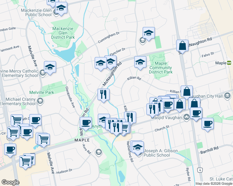 map of restaurants, bars, coffee shops, grocery stores, and more near 14 Oliver Lane in Vaughan