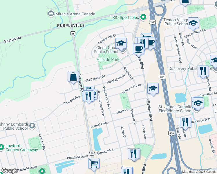 map of restaurants, bars, coffee shops, grocery stores, and more near 63 Heathcliffe Drive in Vaughan