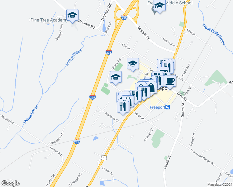 map of restaurants, bars, coffee shops, grocery stores, and more near 19 Holbrook Street in Freeport