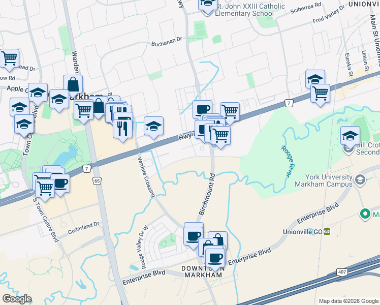 map of restaurants, bars, coffee shops, grocery stores, and more near in Markham