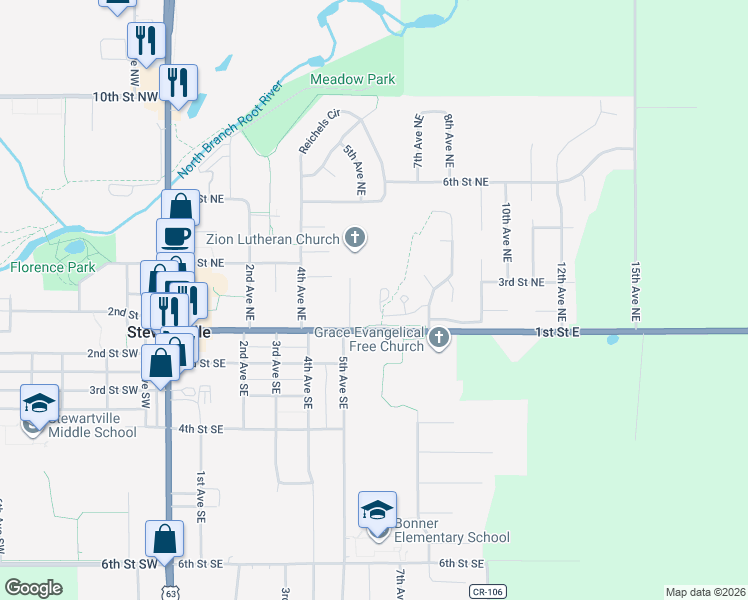 map of restaurants, bars, coffee shops, grocery stores, and more near 115 Ferson Drive Northeast in Stewartville