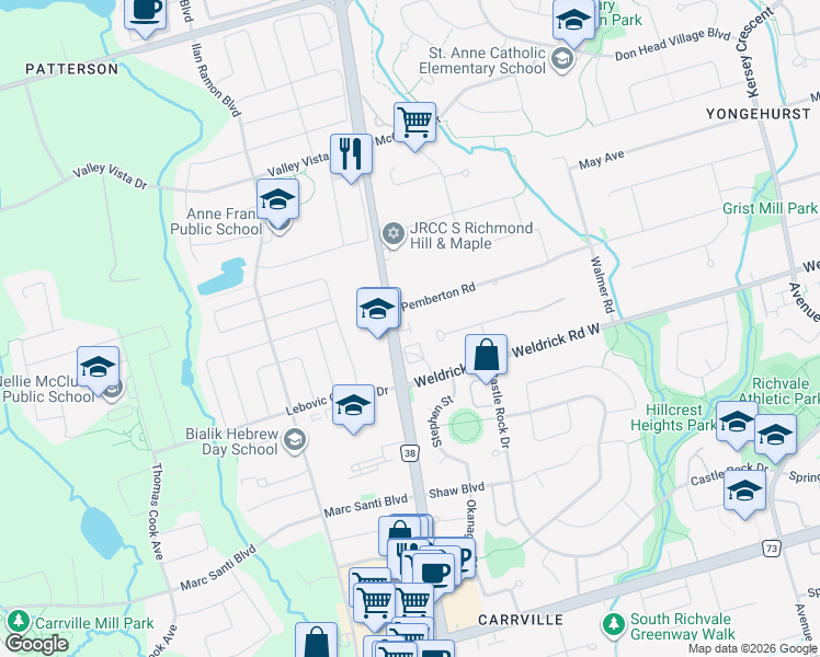 map of restaurants, bars, coffee shops, grocery stores, and more near Jodphur Lane in Richmond Hill