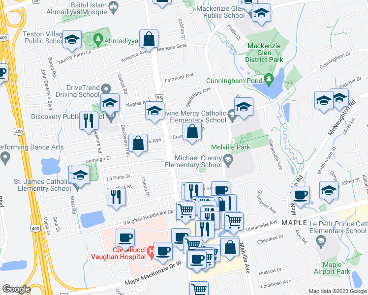 map of restaurants, bars, coffee shops, grocery stores, and more near 110 Dunoon Drive in Vaughan