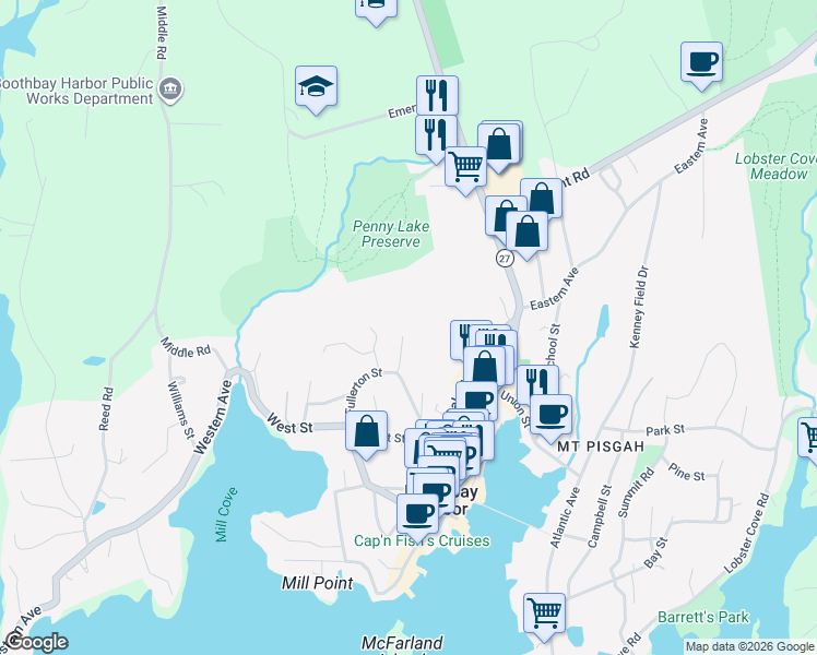 map of restaurants, bars, coffee shops, grocery stores, and more near 20 Paine Road in Boothbay Harbor