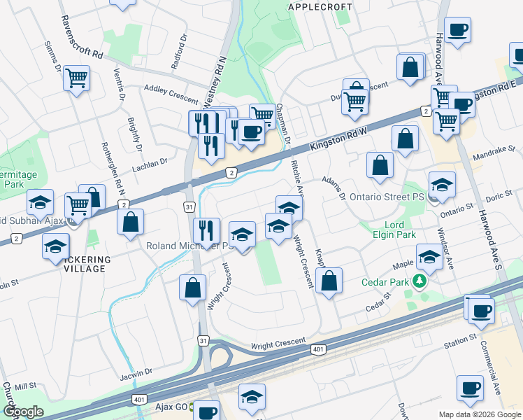 map of restaurants, bars, coffee shops, grocery stores, and more near 39 Patterson Crescent in Ajax