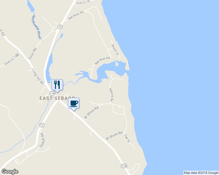 map of restaurants, bars, coffee shops, grocery stores, and more near 44 Marina Road in Sebago