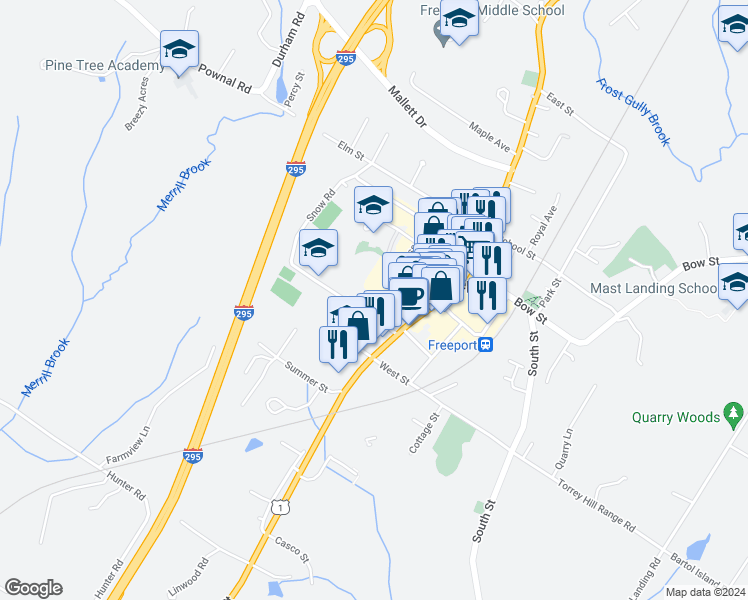 map of restaurants, bars, coffee shops, grocery stores, and more near 12 Holbrook Street in Freeport