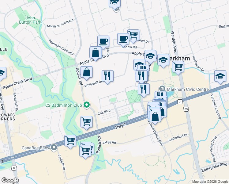 map of restaurants, bars, coffee shops, grocery stores, and more near 18 Saint Moritz Way in Markham