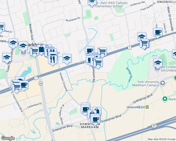 map of restaurants, bars, coffee shops, grocery stores, and more near 1 Uptown Drive in Markham