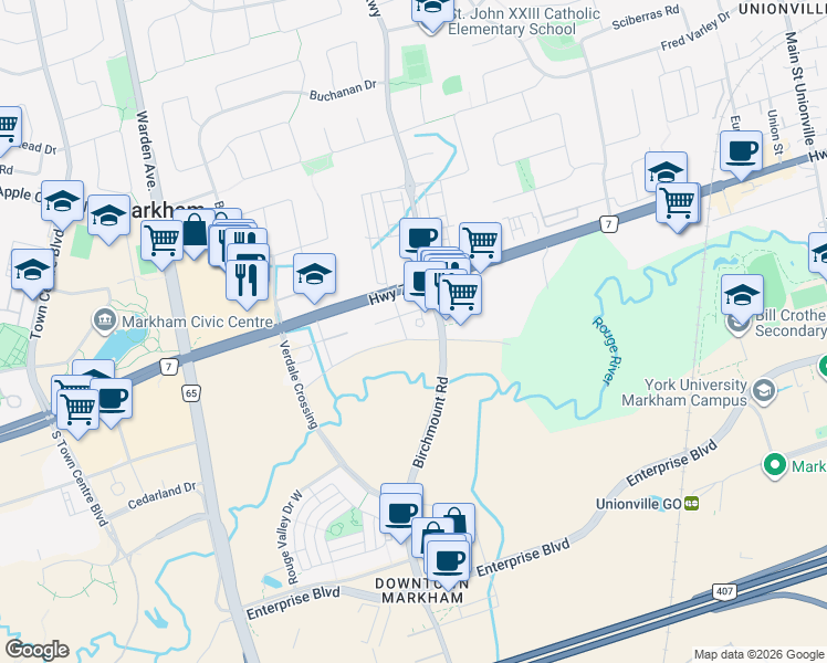 map of restaurants, bars, coffee shops, grocery stores, and more near 1 Uptown Drive in Markham