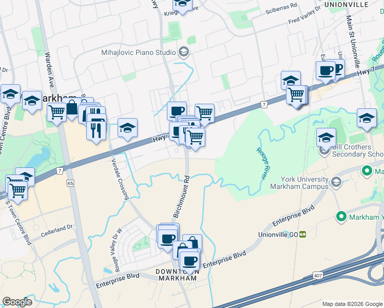map of restaurants, bars, coffee shops, grocery stores, and more near 3989 Highway 7 in Markham