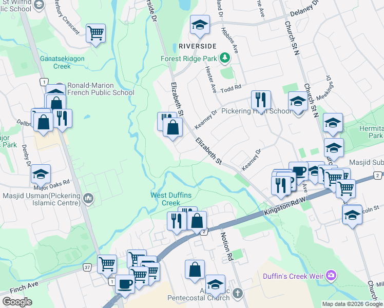 map of restaurants, bars, coffee shops, grocery stores, and more near 9 Annie Crescent in Ajax