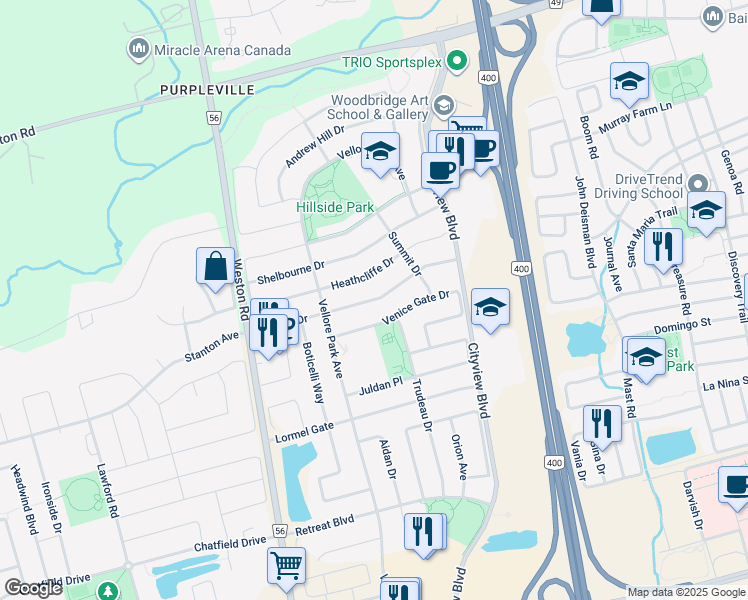 map of restaurants, bars, coffee shops, grocery stores, and more near Canada Drive in Vaughan