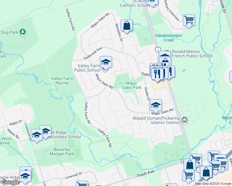 map of restaurants, bars, coffee shops, grocery stores, and more near 1609 Major Oaks Road in Pickering