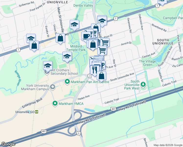 map of restaurants, bars, coffee shops, grocery stores, and more near 8323 York Regional Road 3 in Markham