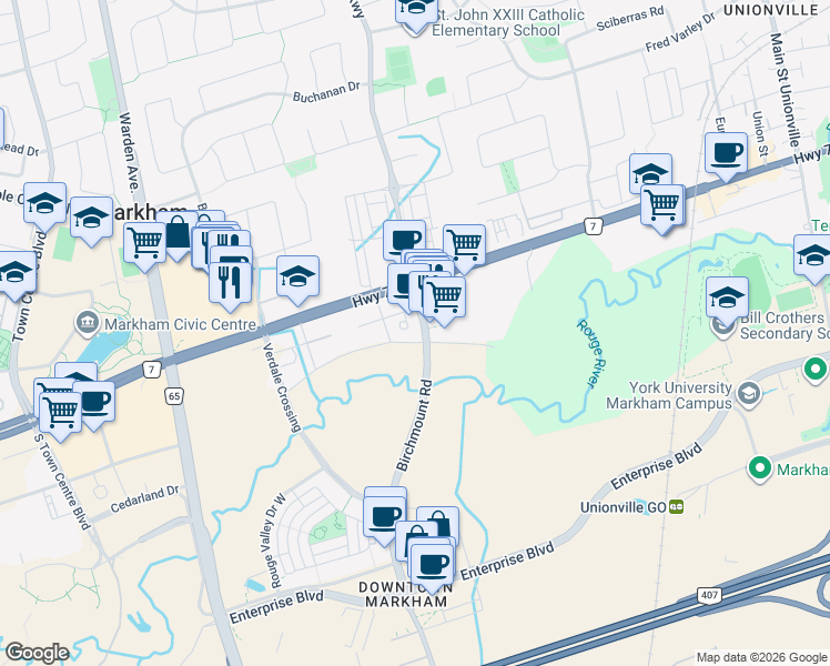 map of restaurants, bars, coffee shops, grocery stores, and more near 3989 Highway 7 in Markham