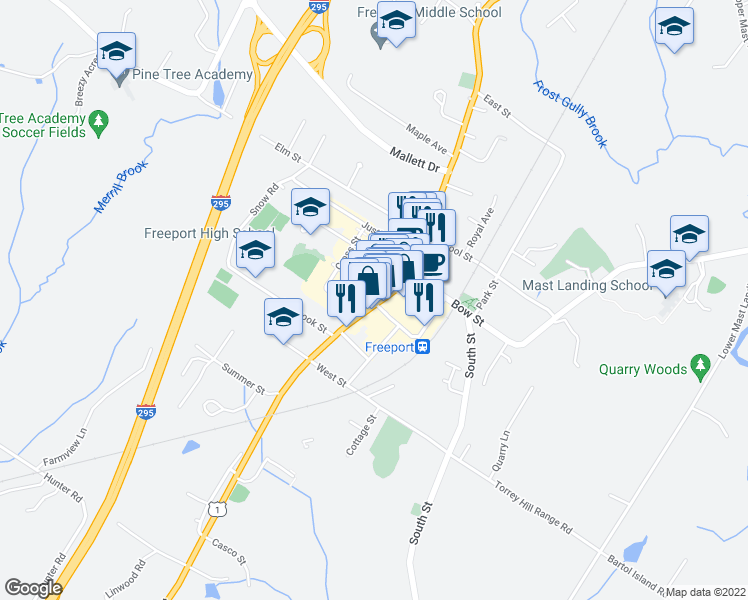 map of restaurants, bars, coffee shops, grocery stores, and more near 49 Main Street in Freeport
