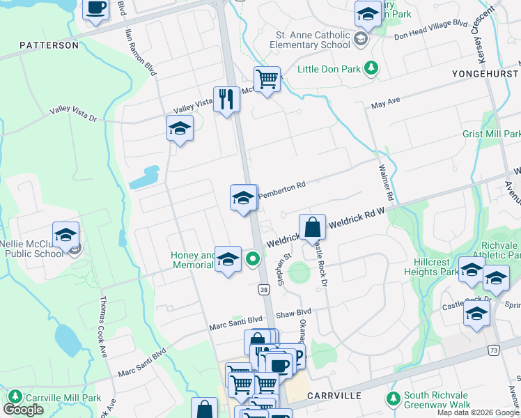 map of restaurants, bars, coffee shops, grocery stores, and more near 12 Hostel Lane in Richmond Hill
