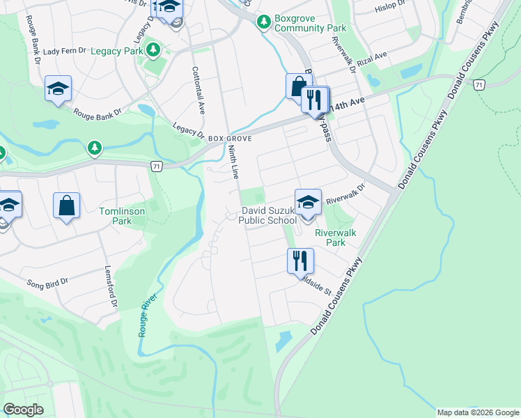 map of restaurants, bars, coffee shops, grocery stores, and more near 10 Coak Well Drive in Markham