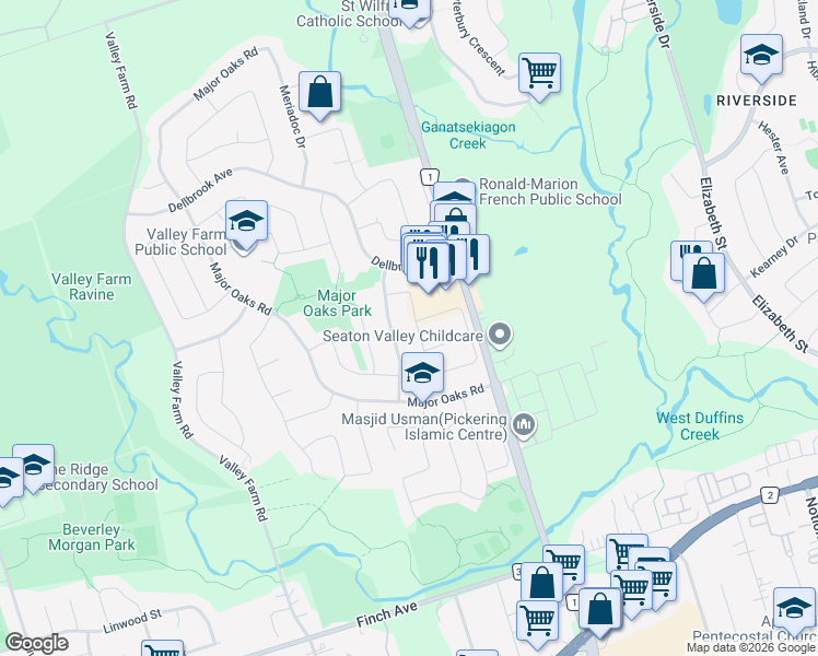 map of restaurants, bars, coffee shops, grocery stores, and more near in Pickering