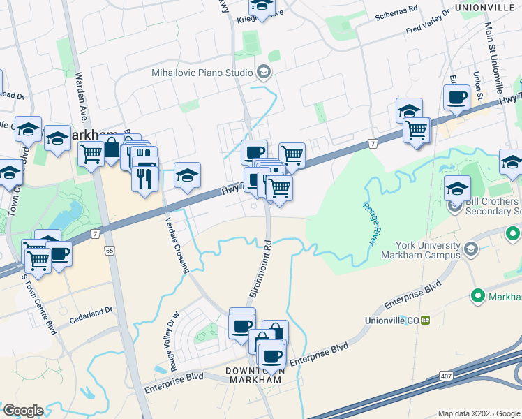map of restaurants, bars, coffee shops, grocery stores, and more near 1 Uptown Drive in Markham