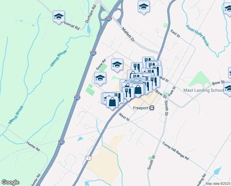 map of restaurants, bars, coffee shops, grocery stores, and more near 12 Holbrook Street in Freeport