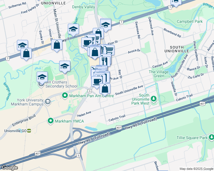map of restaurants, bars, coffee shops, grocery stores, and more near Unity Gardens Drive in Markham