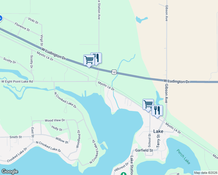 map of restaurants, bars, coffee shops, grocery stores, and more near 8114 Trails End Road in Lake
