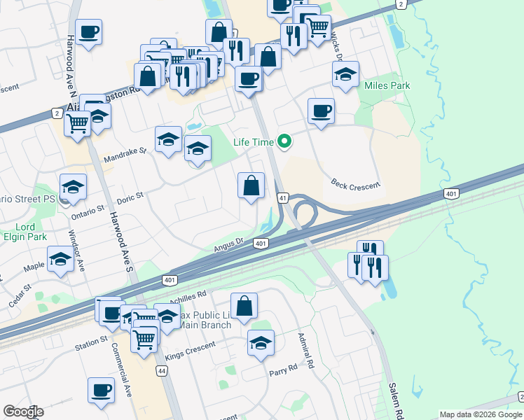 map of restaurants, bars, coffee shops, grocery stores, and more near 138 Angus Drive in Ajax