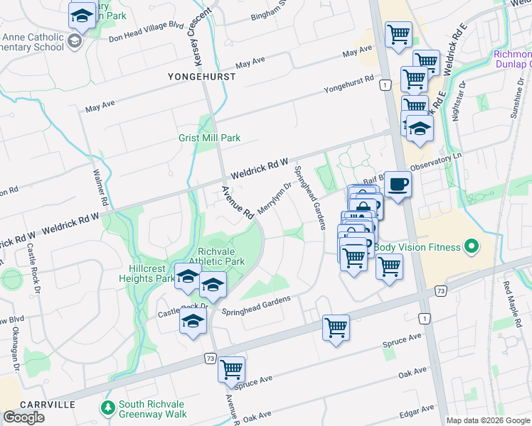 map of restaurants, bars, coffee shops, grocery stores, and more near 41 Merrylynn Drive in Richmond Hill