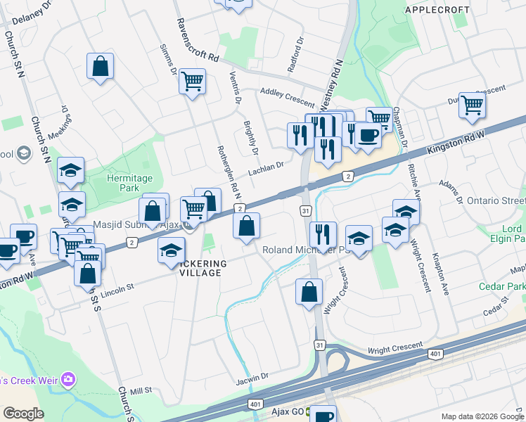map of restaurants, bars, coffee shops, grocery stores, and more near 16 Fearn Crescent in Ajax