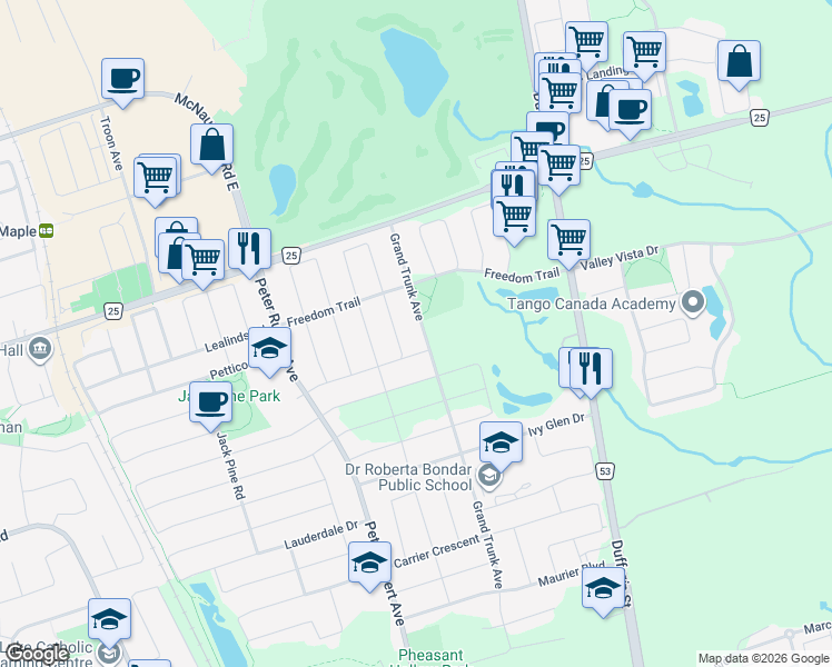 map of restaurants, bars, coffee shops, grocery stores, and more near 568 Grand Trunk Avenue in Vaughan
