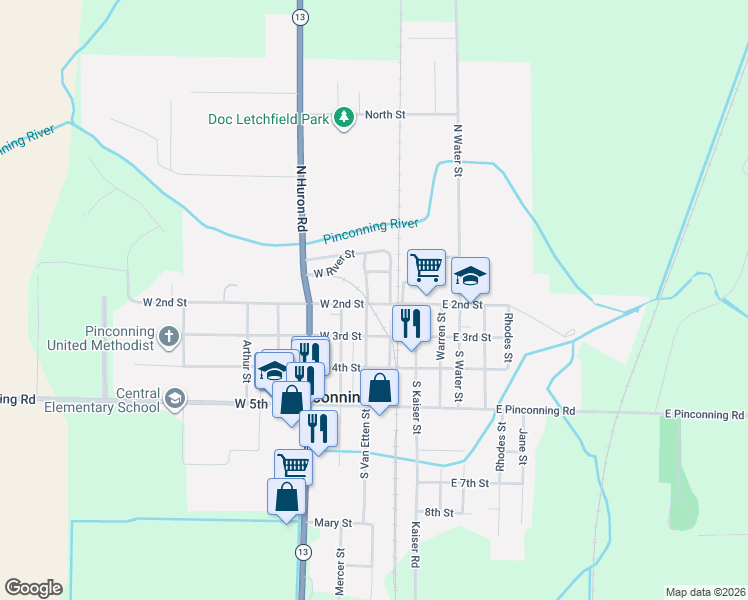 map of restaurants, bars, coffee shops, grocery stores, and more near 104-218 North Manitou Street in Pinconning