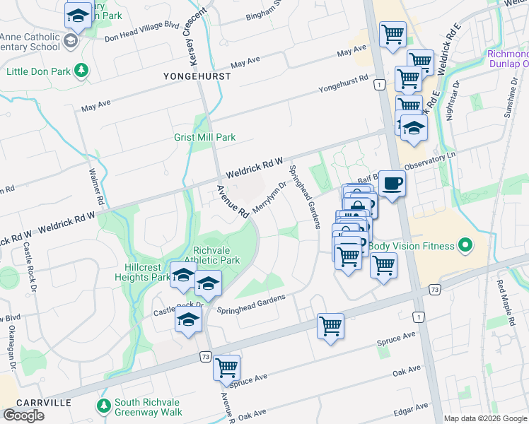 map of restaurants, bars, coffee shops, grocery stores, and more near 56 Penwick Crescent in Richmond Hill