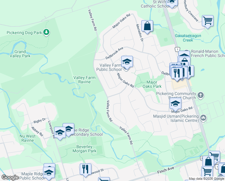 map of restaurants, bars, coffee shops, grocery stores, and more near 1581 Somergrove Crescent in Pickering