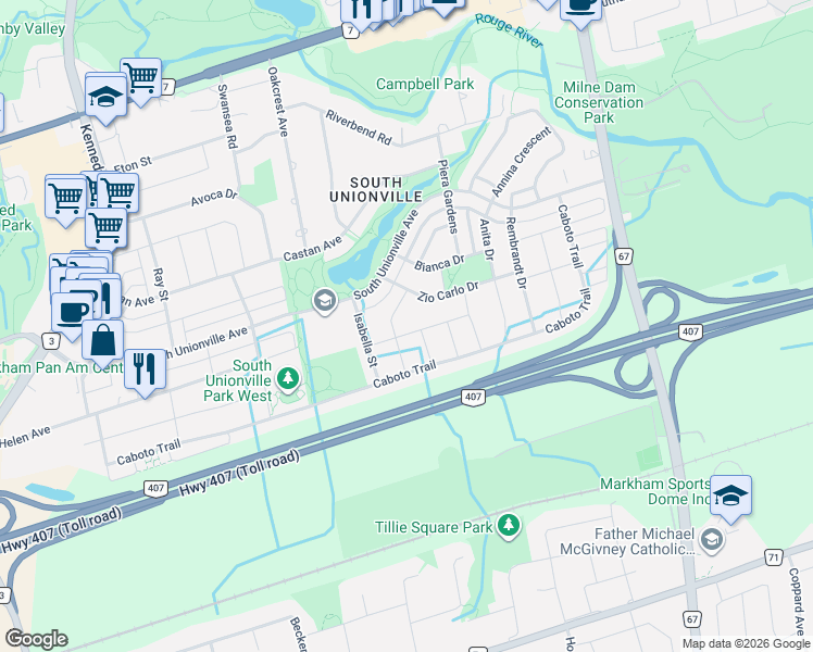map of restaurants, bars, coffee shops, grocery stores, and more near 64 Lucien Street in Markham