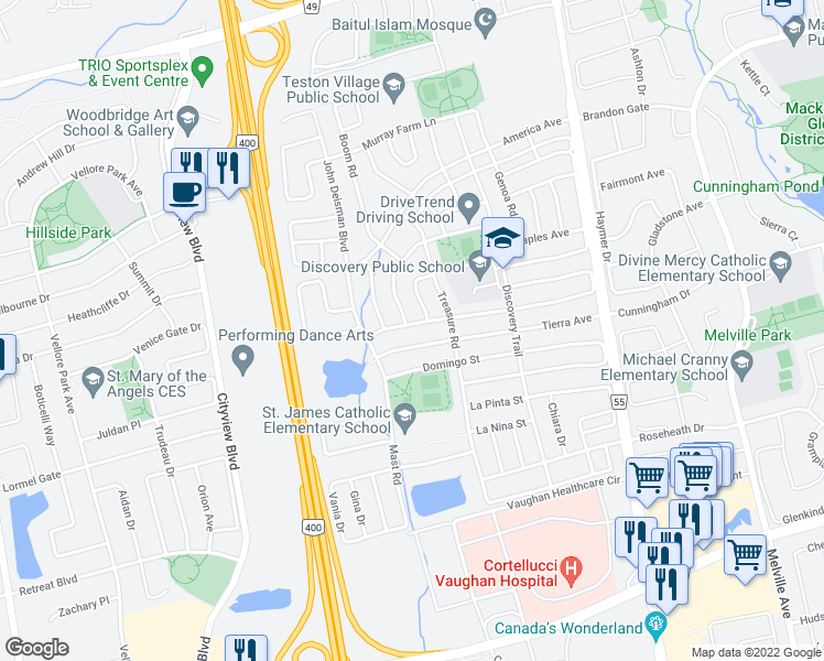 map of restaurants, bars, coffee shops, grocery stores, and more near 103 Ferdinand Avenue in Vaughan