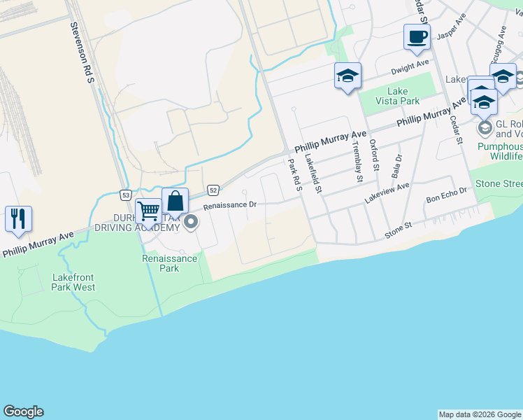 map of restaurants, bars, coffee shops, grocery stores, and more near 867 Renaissance Drive in Oshawa